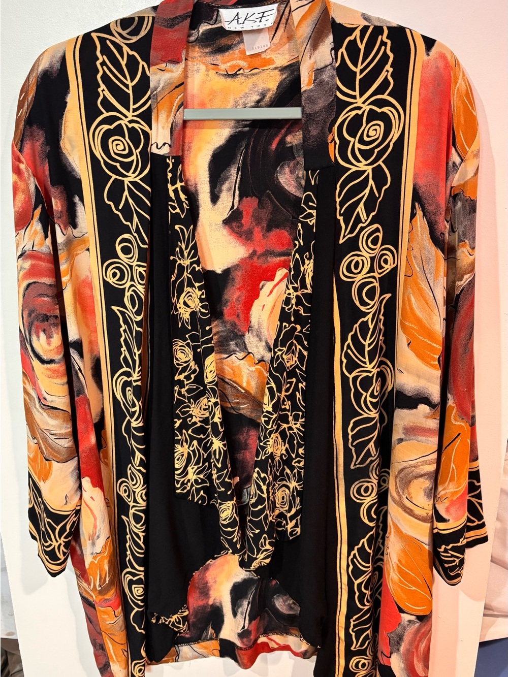 AKA New York Floral Print Open Kimono Cardigan in Black, Orange & Red